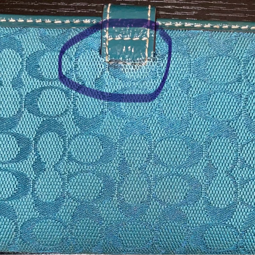 Coach Signature Canvas Patent Leather Wallet Monogram Teal Blue - Picture 9 of 10